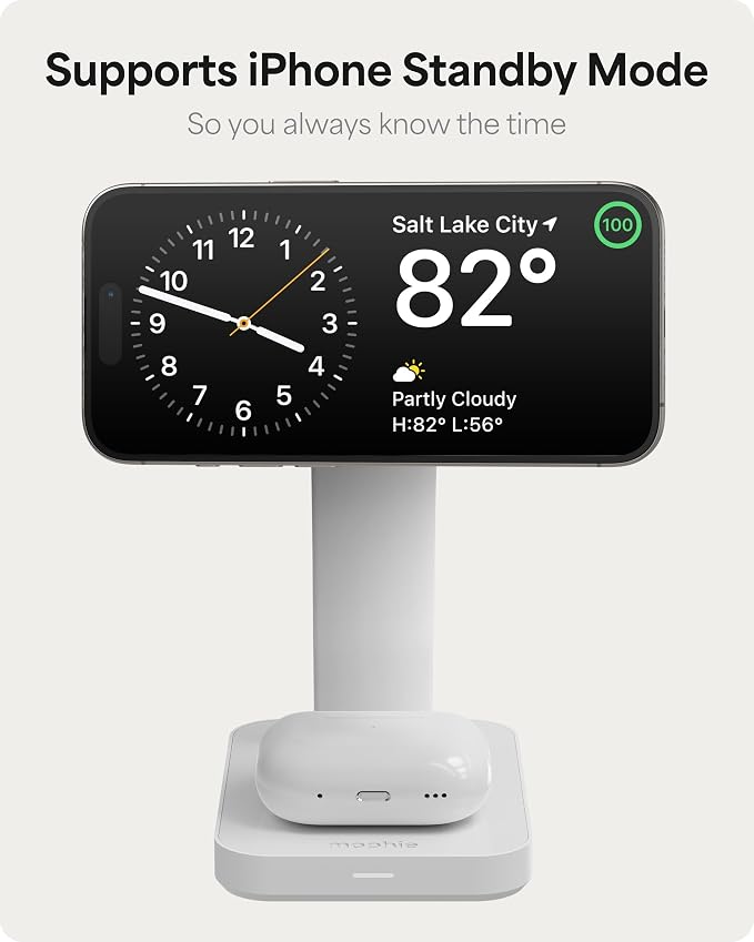 Mophie Snap+ 3-in-1 Wireless Charging Stand - MagSafe & Qi2 Certified, Compatible w/iPhone 17/16/15/14/13/12, Apple Watch, AirPods - Multi-Device Magnetic Charging Station, Eco-Friendly Design, White