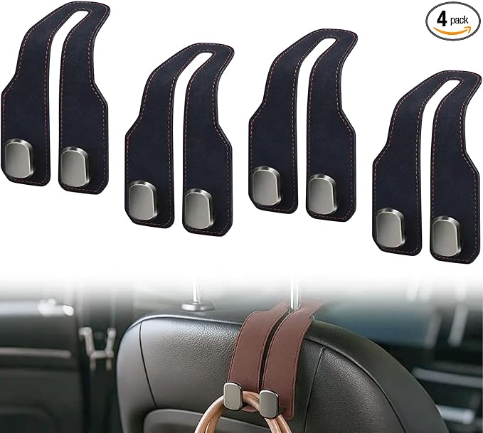 2026 New Headrest Hooks for Car, Car Seat Back Storage Hook, Leather Seat Back Storage Hook Organizer, Twin Hook Design Heavy Duty Holder for Purse, Bags, Handbag, Grocery, Umbrella (4, Black)