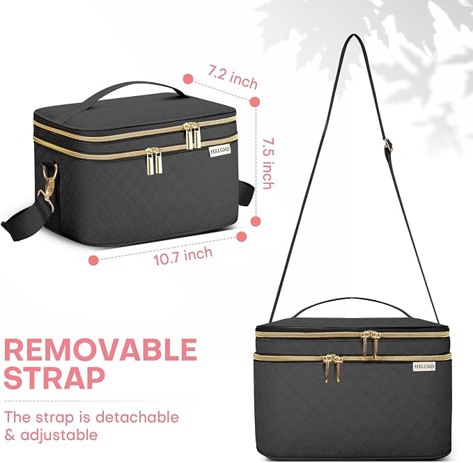 HXLGMD Double Layer Travel Makeup Bag Women, Cosmetic Organizer Case, Travel Essentials Accessories with Shoulder Strap for Bottles, Brushes, Conditioner, Skin Care Products, Black