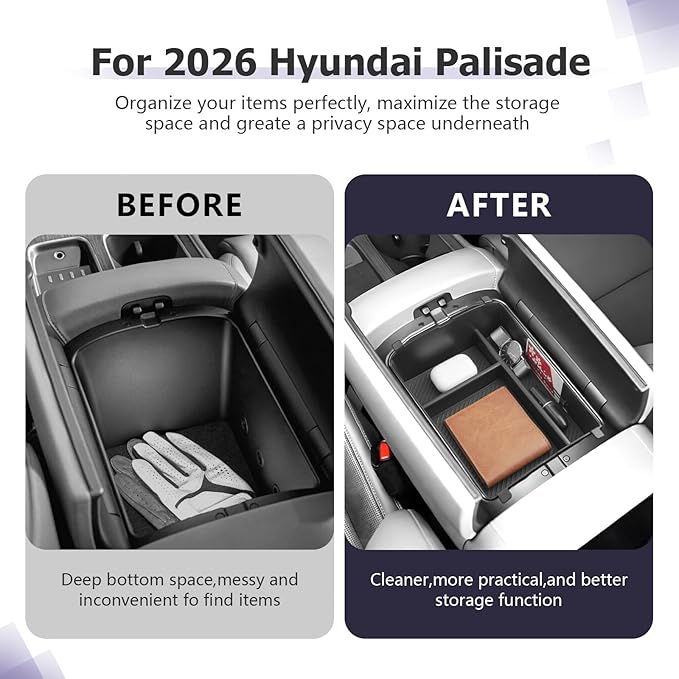 LUWU 2026 Palisade Center Console Organizer Compatible with 2026 Hyundai Palisade Accessories Armrest Console Organizer Upper Armrest Insert Tray Palisade LX3 2026 Accessories Black (Only for 7-Seat)