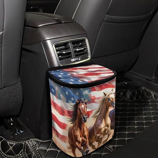 Biyejit American Flag Horse Car Trash Can with Lid Collapsible Car Garage Bag Reusable Hanging Automotive Garbage Bin with Adjustable Strap Car Accessories Interior Car Organizer 4th of July Gift