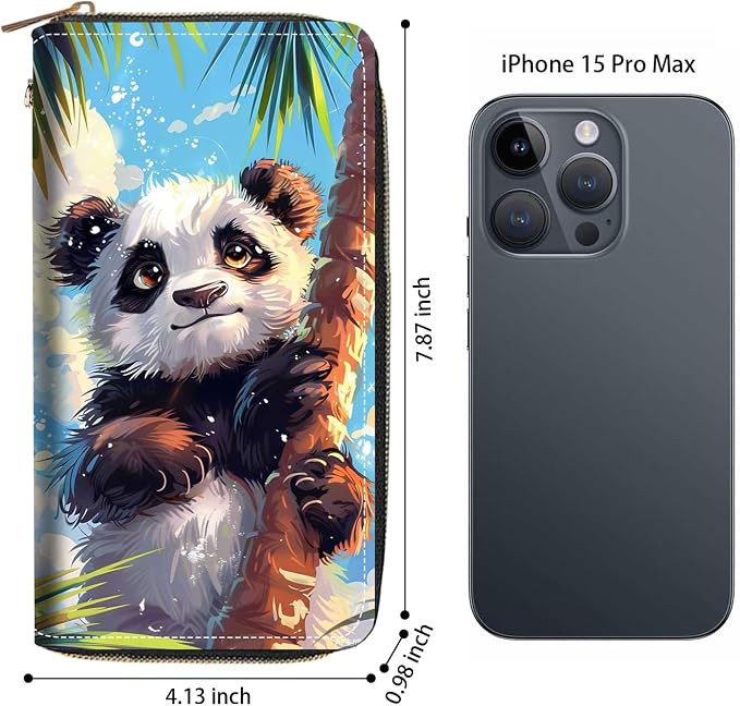 Women's Large Capacity Wallet PU Leather Zip Around Clutch Purse Multifunctional Wallet with Removable Wristlet Strap for Smart Phone/Coin/Card/Cash, Watercolor Art Panda