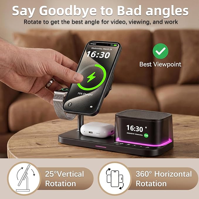 45W 5 in 1 Wireless Charging Station with Alarm Clock and Bluetooth Speaker & Night Light, Qi2.2 25W Fast Charger for MagSafe for iPhone 17/S26 Ultra, Charger Stand for iWatch & Galaxy Watch
