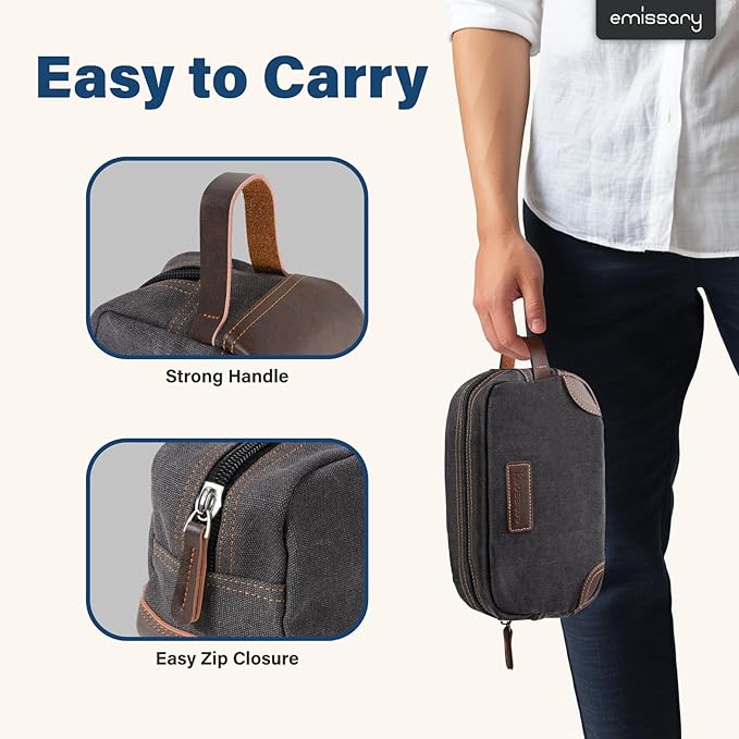 emissary Men's Canvas Travel Toiletry Bag, Leather Dopp Kit - Gray | Durable canvas & PU leather, water-resistant lining, side handle; roomy men's Dopp kit for travel & gym