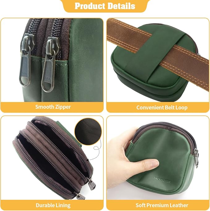 Jack&Chris Coin Purse for Men, Genuine Leather Mini Coin Wallet Zipper Pocket with Back Belt Loop, Coin Bag for Men, Green