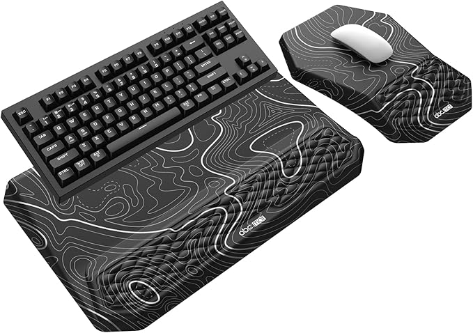 3-in-1 Ergonomic Keyboard Stand with Wrist Rest & Mouse Pad Set, Comfy Keyboard Riser Holder Soft Mousepad with Massage Design, Memory Foam and Non-Slip PU Base for Pain Relief, Topographic