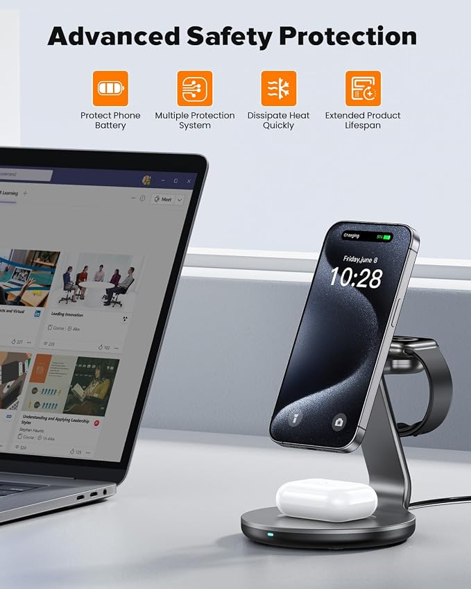 HERRBOLAI 3 in 1 Charging Station Compatible with Magsafe Charger Wireless Charger Stand for iPhone 17 16 15 14 13 12 Wireless Charging Station for AirPods Wireless Charging Stand for iWatch Series