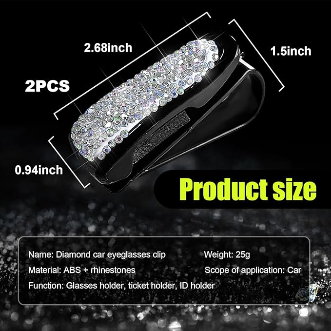 Dickno 2 PCS Bling Sunglasses Holder for Car Sun Visor, Crystal Rhinestones Eyeglasses Hanger Mount with Ticket Card Clip, Universal Vehicle Visor Decor Accessories for Women (AB)