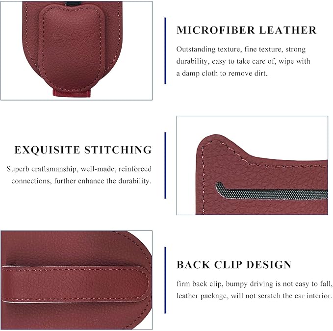 Sunglasses Holder for Car Visor, Magnetic Auto Sun Visor Organizer with Ticket & Pen Clip, Multi-Pocket Leather Eyeglass Clip Interior Accessories for Most Vehicles (Wine Red)