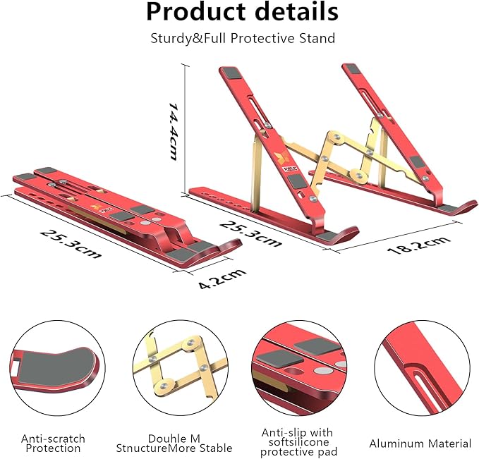Laptop Stand, Computer Tablet Stand, Adjustable Aluminum Foldable Portable Laptop Holder Riser, Compatible with MacBook Air Pro, Lenovo, HP, Dell, More 10-15.6??Laptops and Tablets (Red)