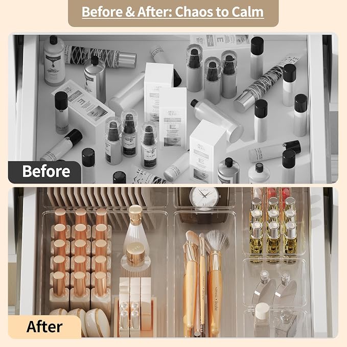 Yanosaku 25 PCS Clear Plastic Drawer Organizer Set, 4 Sizes Vanity Organizers, Desk Drawer Divider Organizers and Storage Bins for Makeup, Jewelry, Gadgets for Kitchen, Bathroom, Office