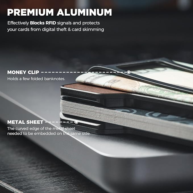 VULKIT Men's Metal Wallet with Money Clip Slim Credit Card Holder, Minimalist Business Card Case Front Pocket Wallet for Men(Wood)