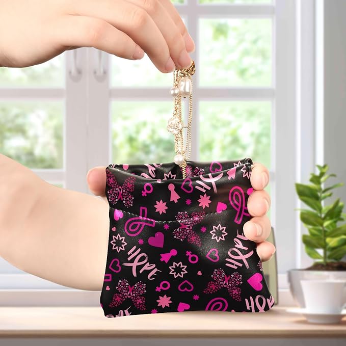 Pink Ribbon Women's Waterproof PU Leather Coin Purse, Slim Travel Wallet with Zipper - Compact Card Holder & Jewelry Organizer for Cash, Keys, Lipstick