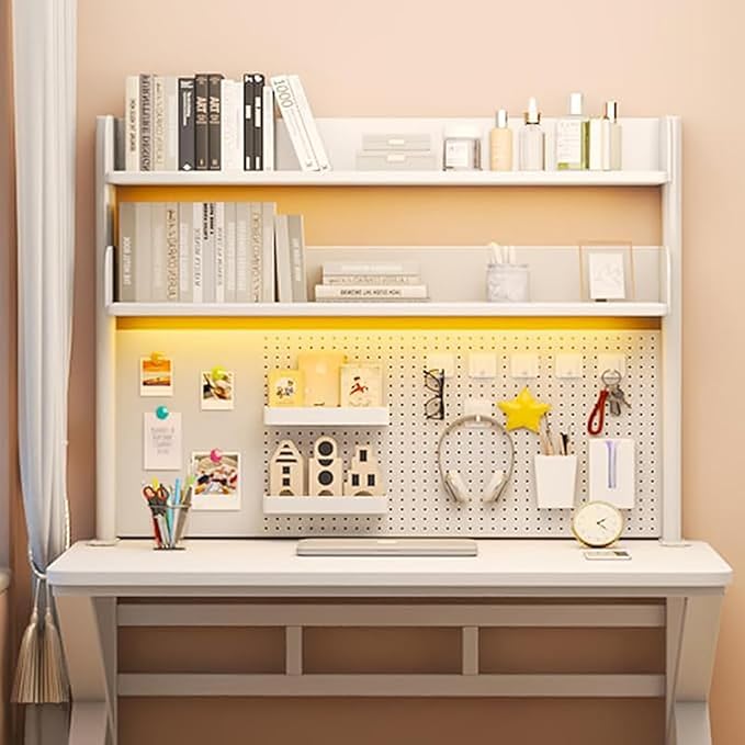 Clamp on Desk Organizer Shelf, Desk Extender Pegboard Workstation White Desk Side Storage Bookshelf Shelves for Office 37.4x31.5 in(HxL)