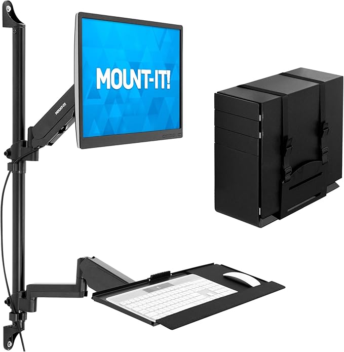 Mount-It! Single Monitor Arm Wall Mount Workstation with Keyboard Tray & CPU Holder, Height Adjustable Gas Spring Full Motion Computer Station, Fits 17??2??VESA 75x75 100x100, Black