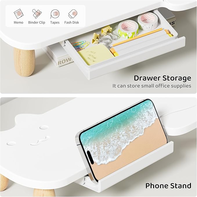 AFOOYO Monitor Stand Riser,Cat-Shaped Sturdy Wood Computer Monitor Stand, Monitor Stand Riser, Multi-Purpose Desktop Organizer Riser for Computer,Laptop,Printer,TV,White