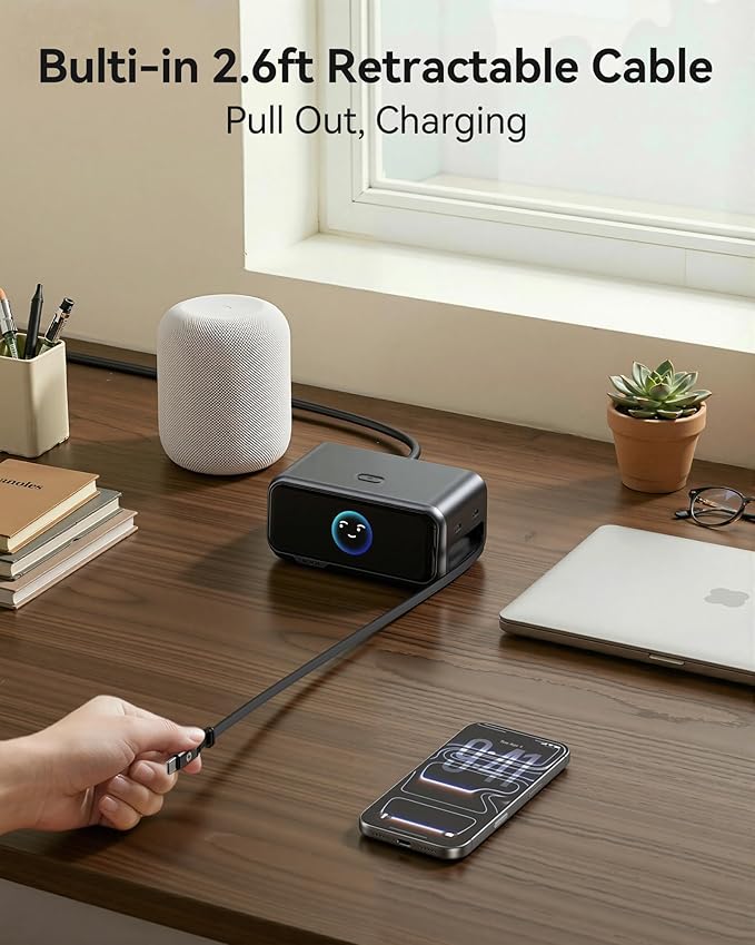 MOKiN 200W Charging Station, 6-Port GaN Fast Desktop Charger with LCD Smart Display Control and Retractable Cable for iPhone, Galaxy, MacBook, Dell and Gaming Desk Accessorie