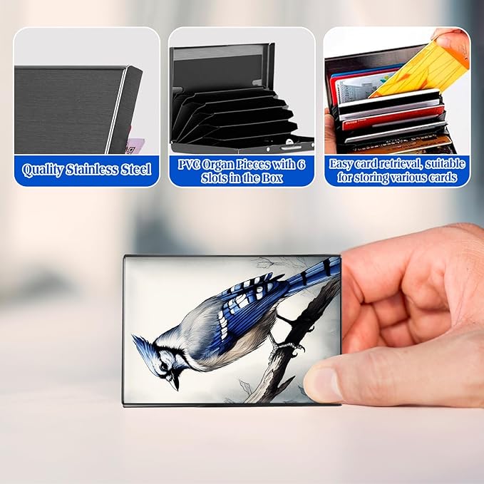 RFID Blocking Credit Card Holder - Slim Metal Wallet for Women & Men,Blue Jay Bird Design Stainless Steel Business Card Case,Compact Pocket Organizer for Travel & Daily Use