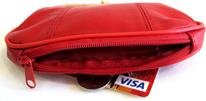 Womens Leather Mini Wallet ID Credit Cards Cash Coin Holder Case Organizer Purse with Framed & Zipper Closures - RED, (COIN03-RED)