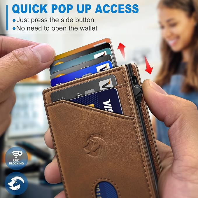 Wallet for Men, Slim Pop Up Card Holder with RFID Blocking, Minimalist Bifold Wallet with 9 Card Slots, ID Window and Cash Pocket, Metal Flip Case with Magnetic Closure, Gift Box