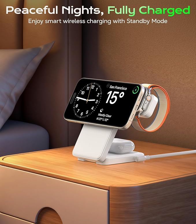 3 in 1 Magnetic Charging Station, 15W Fast Wireless Charger Compatible with MagSafe Charger Stand for iPhone 17 16 15 14 13 12, Apple Watch Charger & AirPods, Foldable Travel Charging Dock, White