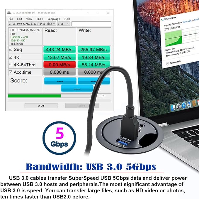 USB 3.0 Hub Sound Card USB-C 2 Port USB 60mm Desk Grommet Splitter Dock Station Headphone Mic Audio Interface for Desktop PC Desk
