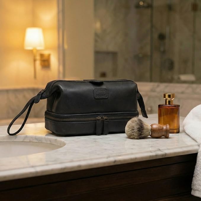 LEATHER VILLAGE Genuine Leather Dopp Kit – Large Travel Toiletry Bag with Waterproof Lining, Dual-Zip Design for Men & Women, Organizer for Shaving, Makeup & Essentials - Black