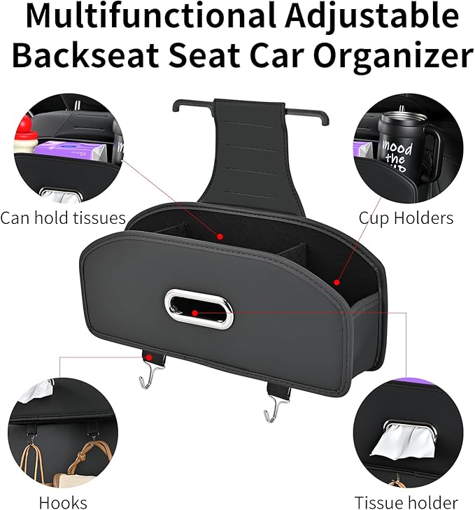 Backseat Seat Car Organizer, Multifunctional Adjustable Car Organizers and Storage, Universal Car Seat Organizer, Car Tissue Organizer with Cup Holder, Black