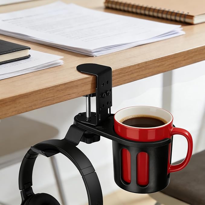 MYITYARD Desk Cup Holder Clamp, 2 in 1 Anti-Spill Clip On Table Cup Holder with Headphone Hanger, Rotatable Water Bottle Stand Drink Coffee Mug Storage, Office Accessories for Home and School