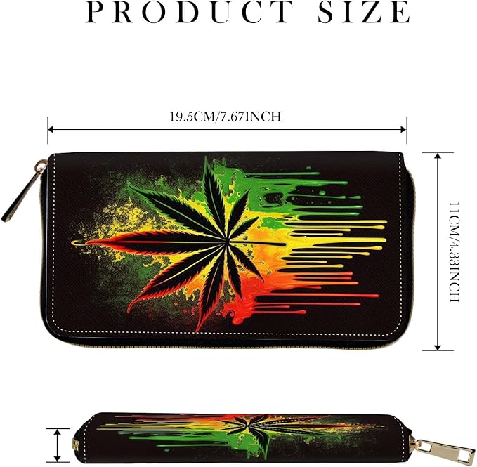 RFID-Blocking Zip Around Wallets for Women with Detachable Wrist Strap,Large Capacity Phone Holder with Card Organizer & Coin Pocket,Marijuana Leaf Weed