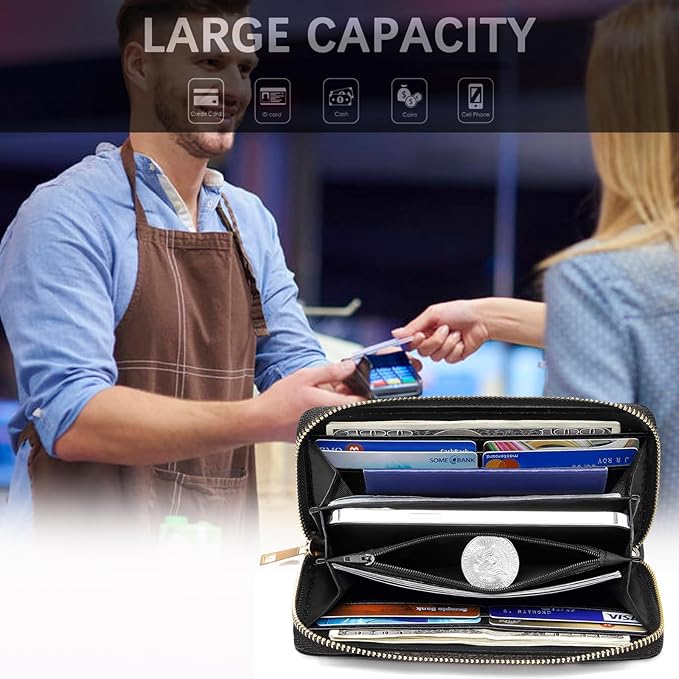 Bxgolkgd Womens Wallet, RFID Blocking Leather Wallet,Large Capacity Wallet Credit Card Holder PU Leather Ladies Clutch with Zipper Coin Pocket - Vintage Paris Tower Rose