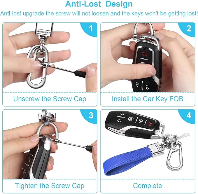 QBUC Genuine Leather Car Keychain,Universal Heavy Duty Metal Key Chain Accessories,Car Fob Key Keychain Holder with 360 Degree Rotatable Snap Swivel and Anti-Lost D-Ring for Men Women(Dark Blue)