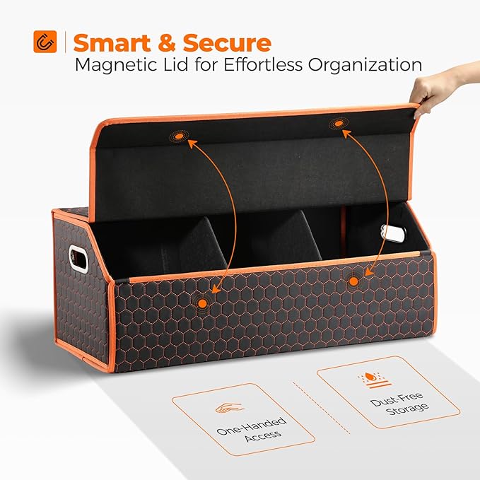 Fyzeoty Car Organizers and Storage - Trunk Organizer for Suv Car,Car Trunk Leather Storage Box,Extra Large,Magnetic Lid,Collapsible and Adjustable
