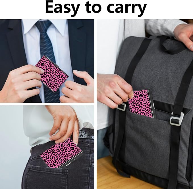 Credit Card Holder Pink Leopard Print Design Mini RFID Blocking Aluminum Wallet Slim Metal Hard Cover Shell Travel Wallet ID Cases Small Credit Cards Case Business Cards for Women Men Girls