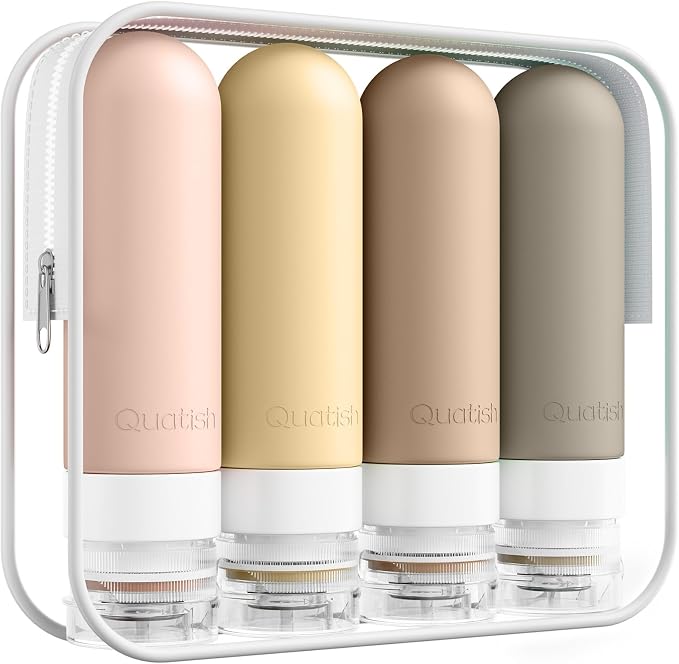 Quatish Travel Bottles for Toiletries, Original Patented Leak Proof Travel Size Containers, 3 oz Tsa Approved Silicone Shampoo and Conditioner Bottles, 4 Pack, Brown