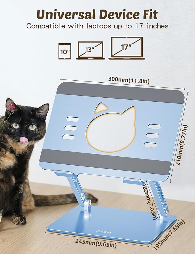 Aoviho Laptop Stand for Desk ??Adjustable Aluminum Laptop Riser with Unique Cat-Shaped Cooling Vent, Portable Desk Gift & Decor, Compatible with MacBook Air Pro, Dell, HP, Lenovo (10"-17.3"), Sky Blue