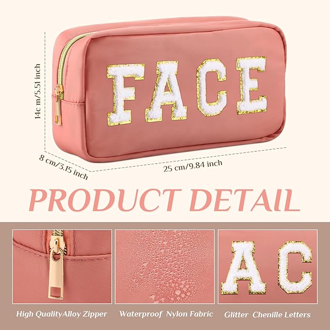 Remerry 4 PCS Nylon Cosmetic Bags Waterproof Spacious Travel Makeup Organizer for Women Chenille Letter Preppy Zipper Pouch Face Stuff Skin Hair Organizer Gift(Black, Nude Pink, White, Coffee)