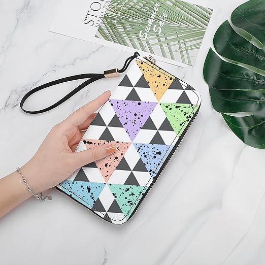 Unisex Zip Around Wallet for Adults Teens Colorful Triangles with Black Splash Geometric Pattern Coin Pouch Cash Pocket PU Leather Wallets Card Holder Organizer Designer Purse with Wristlet Strap