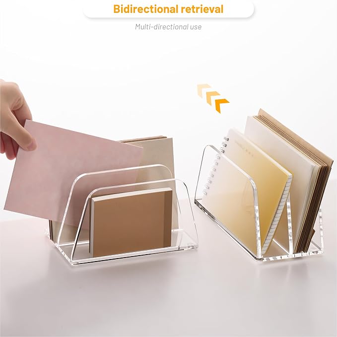 SANRUI Acrylic Mail Organizer for Desk Vertical Letter Holder Clear Bookshelf 2-Slots, Small File Sorter for Bills, Envelopes, Office Supplies, Upright Binder Divider for Home Office School