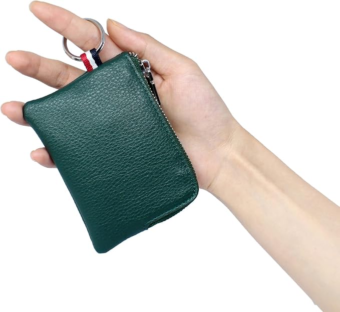 Leather Coin Purse, Change Purse for Men Women (Dark green, standard) | Mini Coin Pouch with Zipper & 2 Keyrings, Water-resistant Genuine Leather Wallet for Pocket, Daily,Gifts