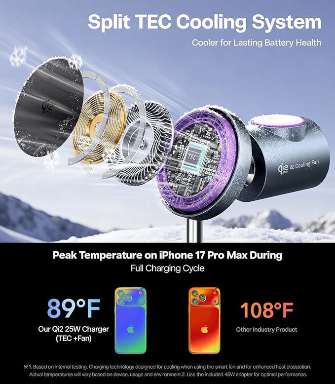 Qi2.2 Certified 25W Fast Charging Station with Cooling Fan, 3 in 1 Wireless Charger Design for MagSafe Charger for iPhone 17/16/S26 Ultra/Pixel 10, Charging Stand with 45W Adapter for iWatch & AirPods