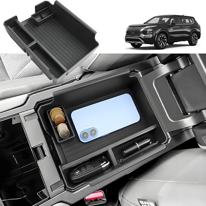 2025 2026 Outlander Center Console Organizer for Mitsubishi Outlander (ES/SE/SEL/Platinum/Taril Edition), Durable ABS Plastic&Anti-Slip Rubber Armrest Tray Insert 2026 Outlander Accessories