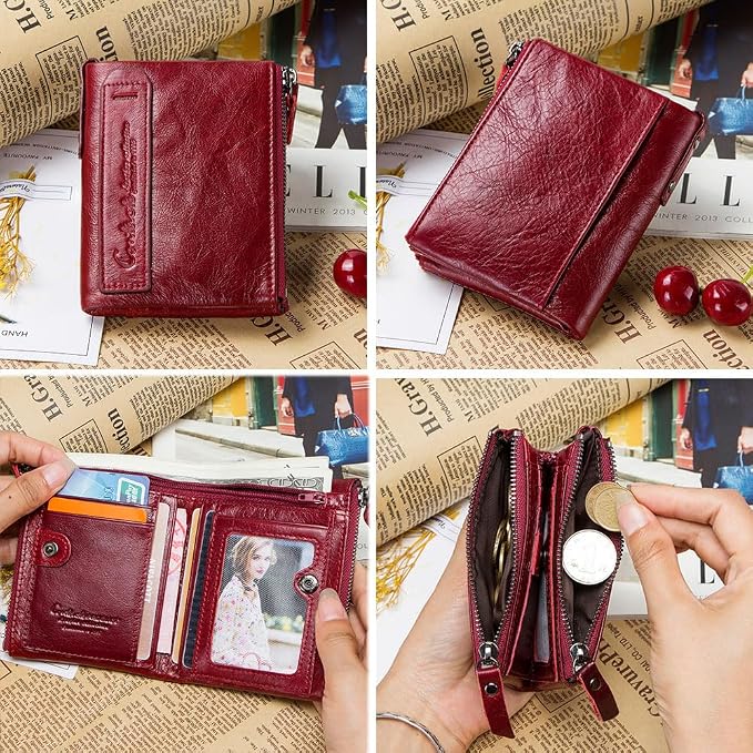 CONTACTS Soft Leather Wallet for Women Small Bifold Coin Purse Double Zipper Card Holder with RFID Blocking (Red)