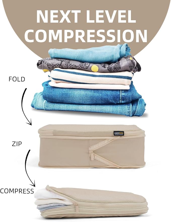 Compression Packing Cubes for Travel, 6-Piece Set (Large/Medium/Small), Double-Zip Luggage Organizers for Suitcase & Carry-On, Clothes Storage Bags (Classic Khaki, 6 Pack)