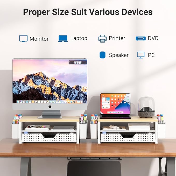Wood Metal Monitor Stand Riser, Laptop Stand for Desk, Office Desk Organizer and Accessories, Computer Desktop Shelf with Drawer and Pen Holder, Printer Stand for Home, Office, Dorm (Natural Wood)
