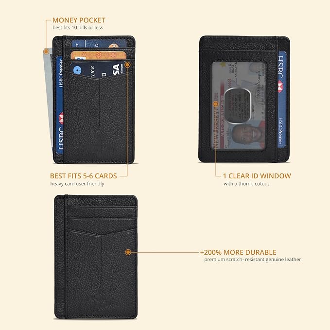 Oak Leathers Leather Slim Minimalist Wallet for Men & Women RFID Front Pocket Leather Card Holder Wallets (Jet Black)