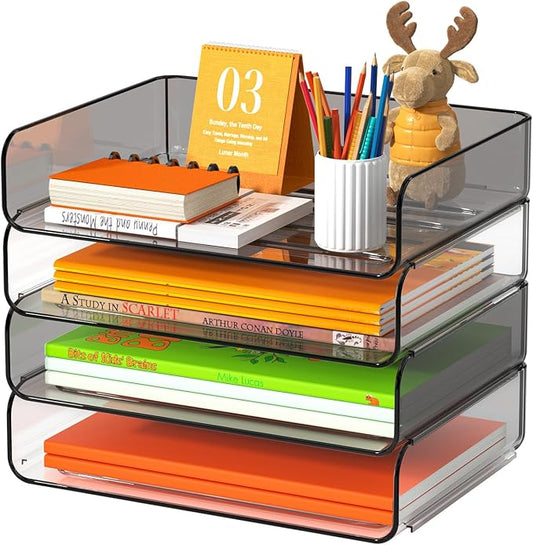 FANXIYQ 4-Tier Acrylic Paper Tray Organizer, Clear & Brown Stackable Desk File Organizer for Documents, Mail, Homework & Notebooks, Decorative Letter Tray for Home Office, Classroom & Study Desk