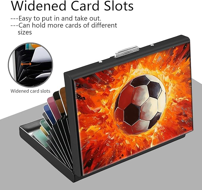 Credit Card Holder, Art Fire Football Design Mini RFID Blocking Aluminum Wallet Slim Metal Hard Case Shell Travel Wallet ID Case Small Credit Cards Case Business Cards for Women Men Girls