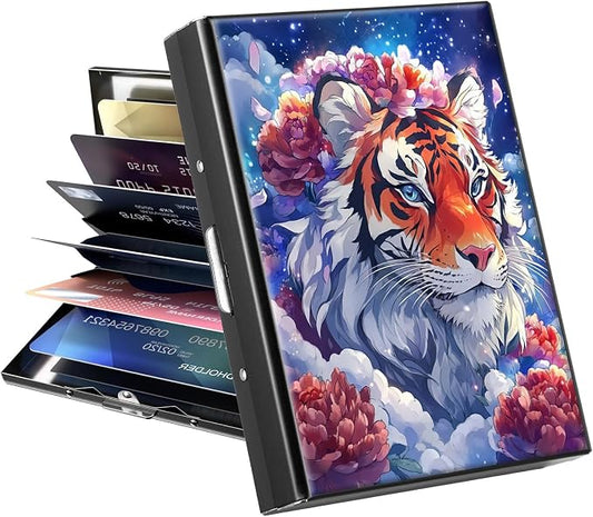 Metal Wallet, Credit Card Holder for Women Men Girls, RFID Blocking Aluminum Wallet Slim Hard Case, Mini Travel Wallet, ID Card Holder Business Card Case,Tiger Flower