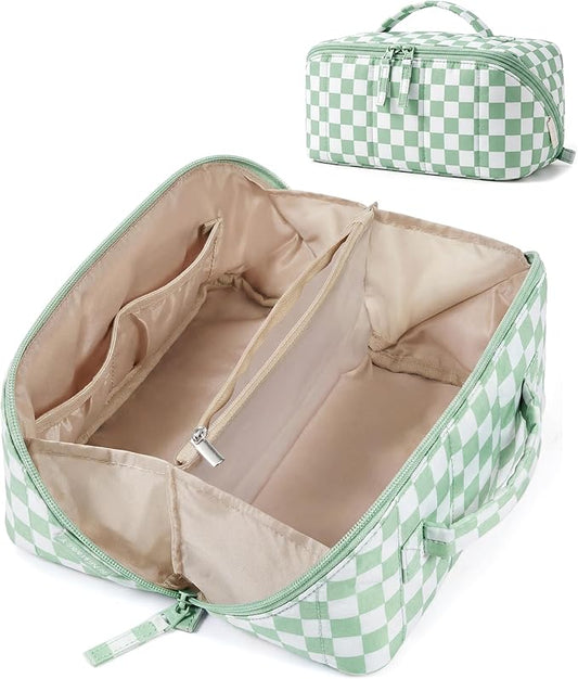 BAGSMART Travel Makeup Bag for Women, Portable Water-resistant Cosmetic Case, Puffy Padded Make Up Organizer Pouch, Open Flat Toiletry Bag for Toiletries, Brushes, Checkred Green
